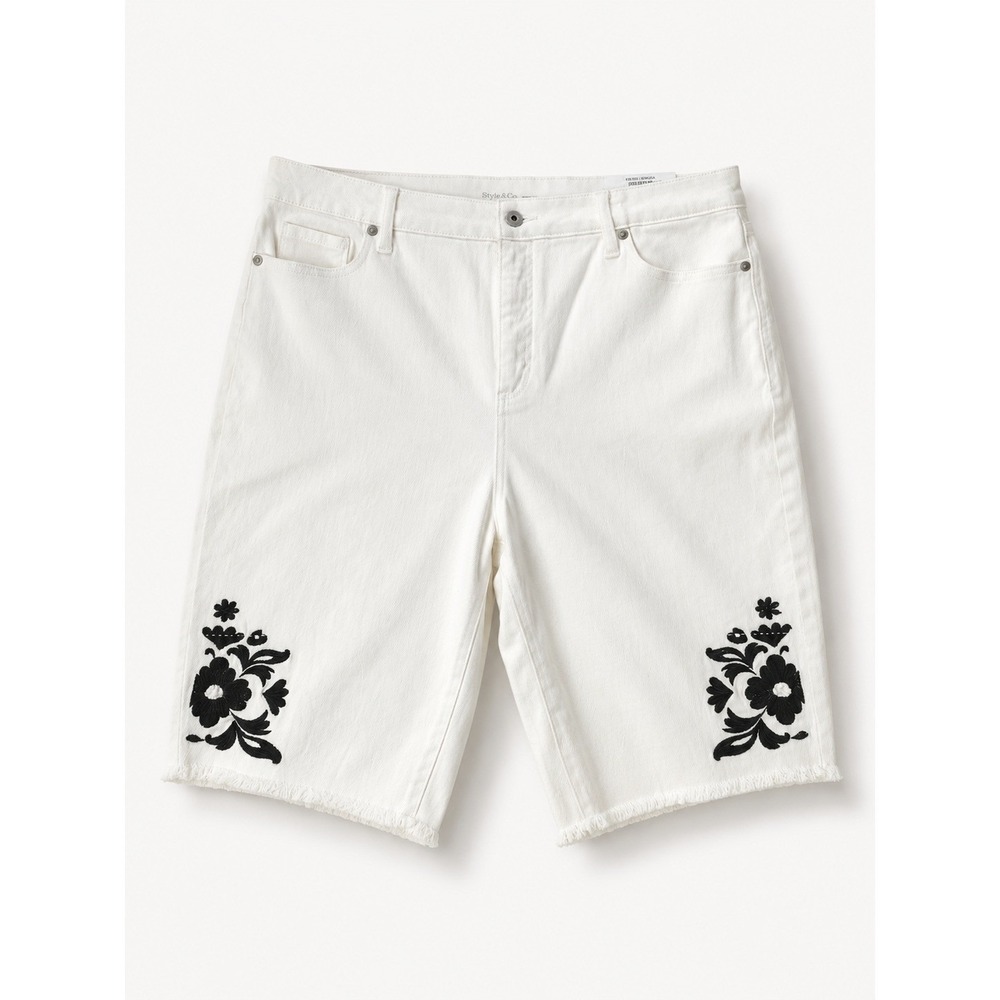 Style & Co Embroidered Denim Bermuda Shorts Women Size 18 White Cottagecore NWT